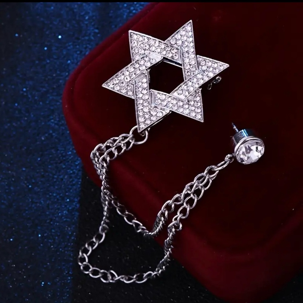 Unisex Silver Star of David Chain Brooch Pin!